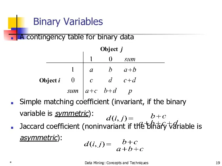 * Data Mining: Concepts and Techniques Binary Variables A contingency