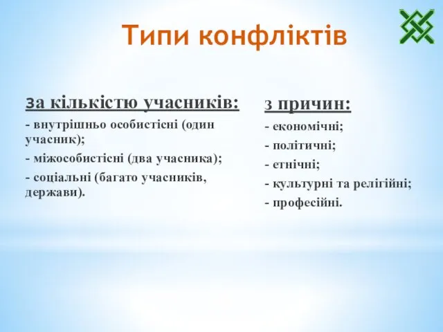 Типи конфліктів за кількістю учасників: - внутрішньо особистісні (один учасник);