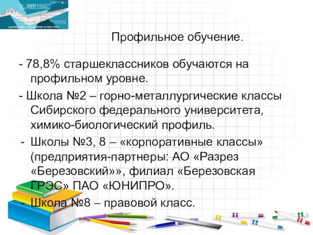 Профильное обучение. - 78,8% старшеклассников обучаются на профильном уровне. -