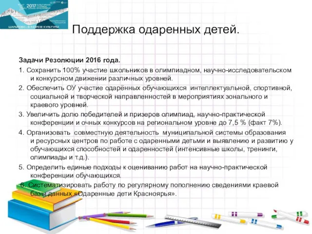 Поддержка одаренных детей. Задачи Резолюции 2016 года. 1. Сохранить 100%