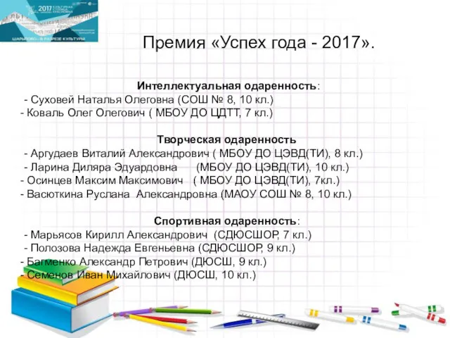 Премия «Успех года - 2017». Интеллектуальная одаренность: - Суховей Наталья