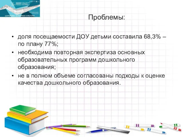 Проблемы: доля посещаемости ДОУ детьми составила 68,3% – по плану