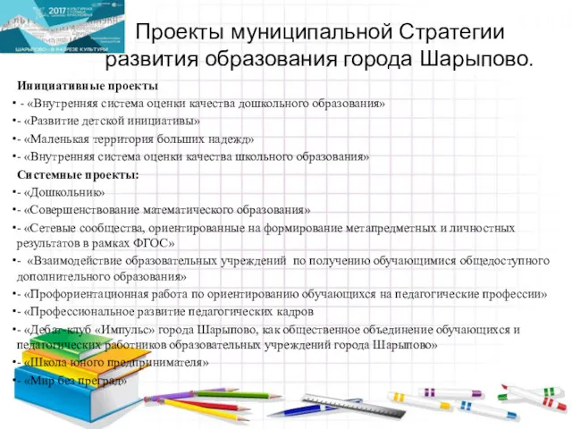 Проекты муниципальной Стратегии развития образования города Шарыпово. Инициативные проекты -