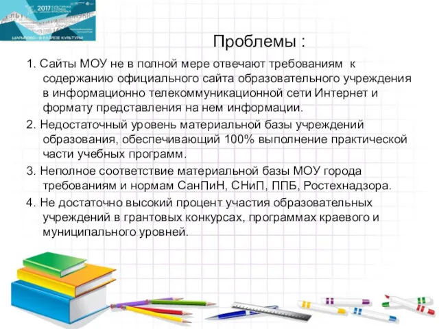 Проблемы : 1. Сайты МОУ не в полной мере отвечают