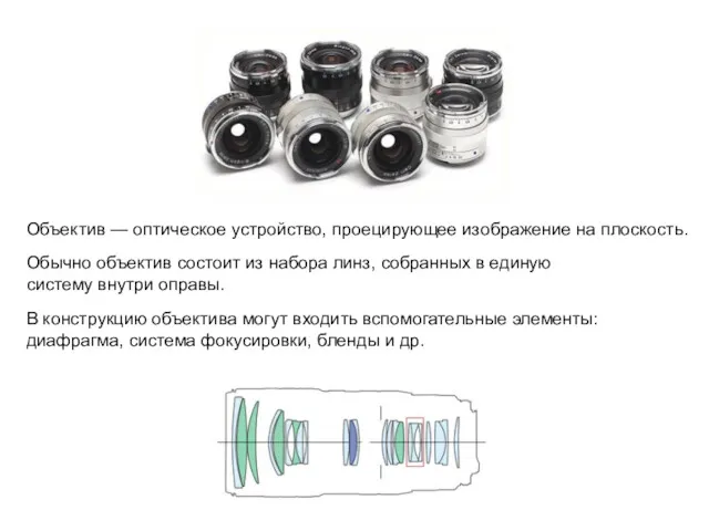 Объектив — оптическое устройство, проецирующее изображение на плоскость. Обычно объектив