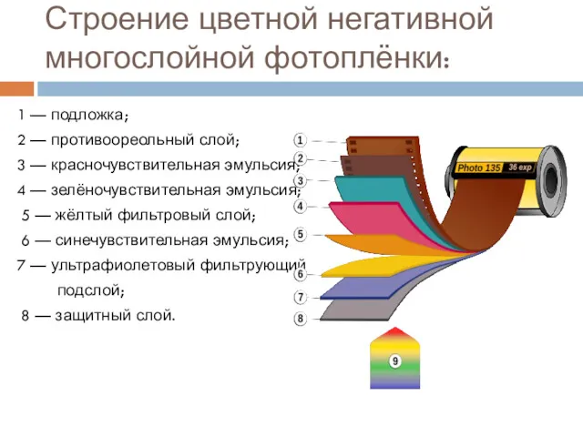 Строение цветной негативной многослойной фотоплёнки: 1 — подложка; 2 —