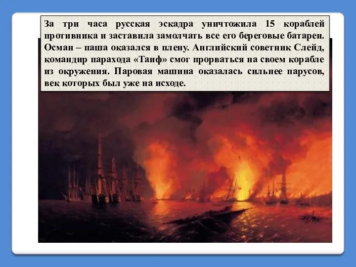За три часа русская эскадра уничтожила 15 кораблей противника и