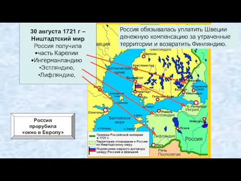 30 августа 1721 г – Ништадтский мир Россия получила часть