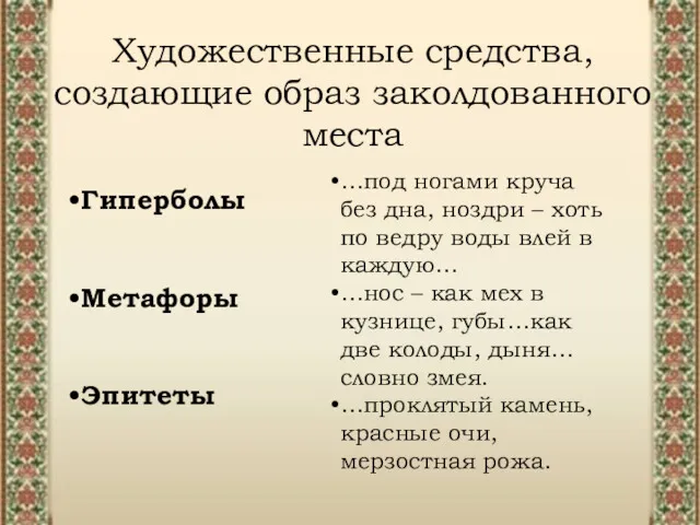 Художественные средства, создающие образ заколдованного места Гиперболы Метафоры Эпитеты …под ногами круча без