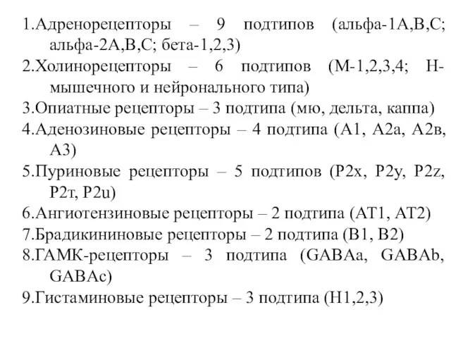 1.Адренорецепторы – 9 подтипов (альфа-1А,В,С; альфа-2А,В,С; бета-1,2,3) 2.Холинорецепторы – 6 подтипов (М-1,2,3,4; Н-мышечного
