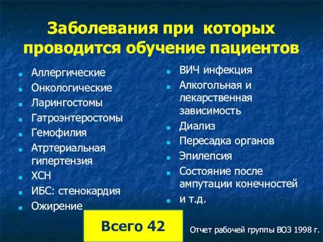 Заболевания при которых проводится обучение пациентов Аллергические Онкологические Ларингостомы Гатроэнтеростомы