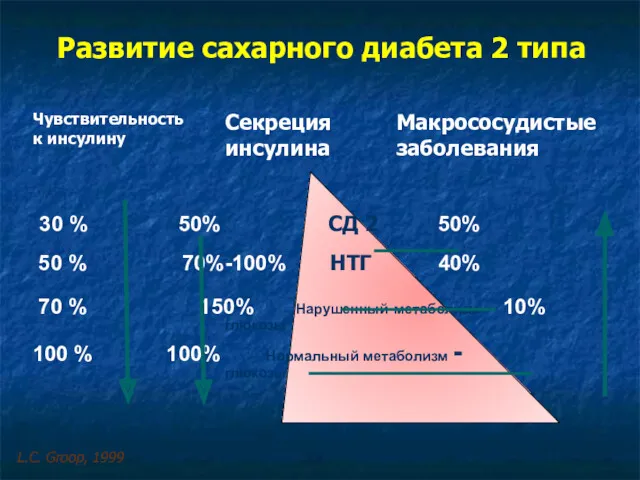 Чувствительность к инсулину Секреция инсулина Макрососудистые заболевания 30 % 50%