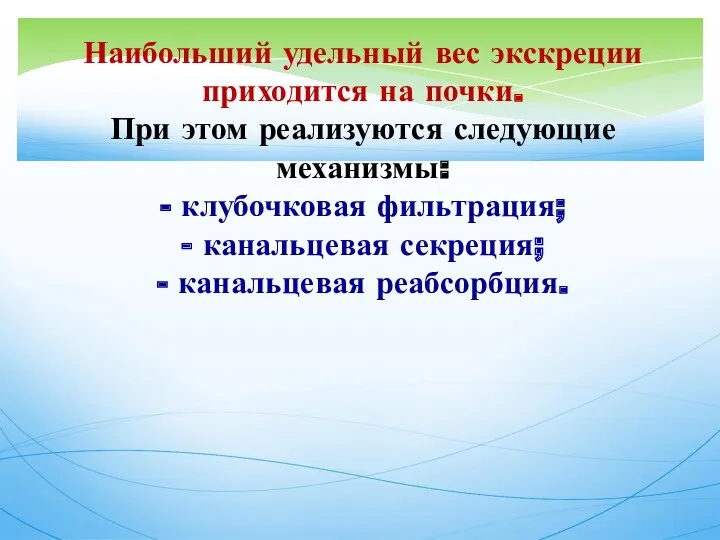 Наибольший удельный вес экскреции приходится на почки. При этом реализуются