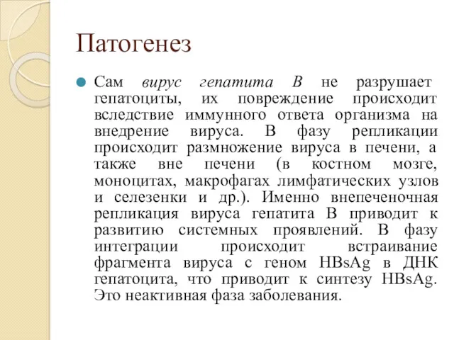 Патогенез Сам вирус гепатита В не разрушает гепатоциты, их повреждение