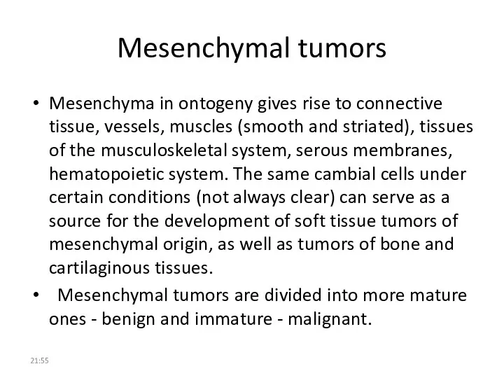 Mesenchymal tumors Mesenchyma in ontogeny gives rise to connective tissue,
