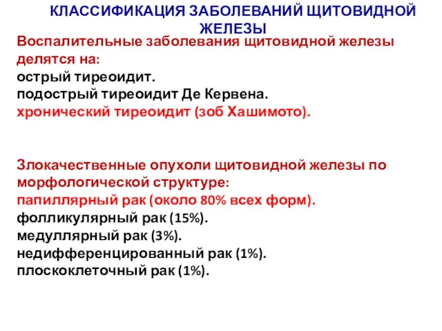 КЛАССИФИКАЦИЯ ЗАБОЛЕВАНИЙ ЩИТОВИДНОЙ ЖЕЛЕЗЫ Воспалительные заболевания щитовидной железы делятся на: