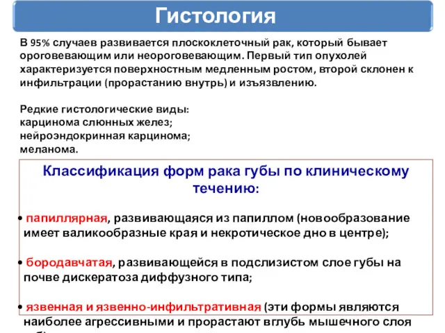 Гистология В 95% случаев развивается плоскоклеточный рак, который бывает ороговевающим