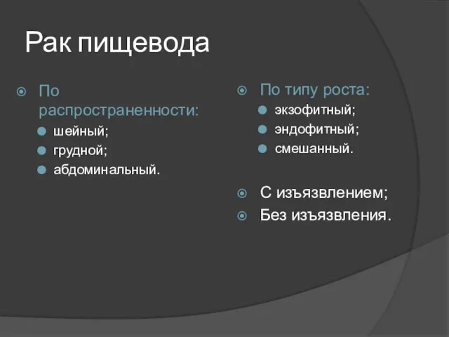 Рак пищевода По распространенности: шейный; грудной; абдоминальный. По типу роста: