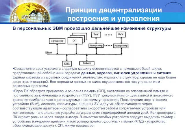 Принцип децентрализации построения и управления В персональных ЭВМ произошло дальнейшее