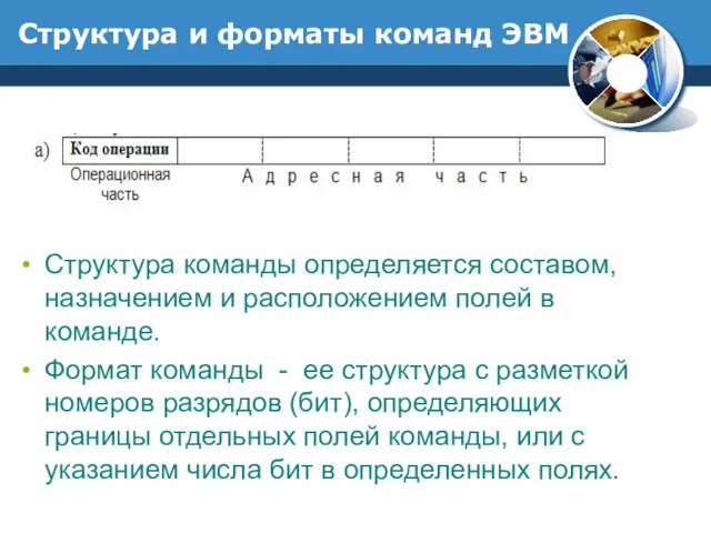 Структура и форматы команд ЭВМ Структура команды определяется составом, назначением и расположением полей