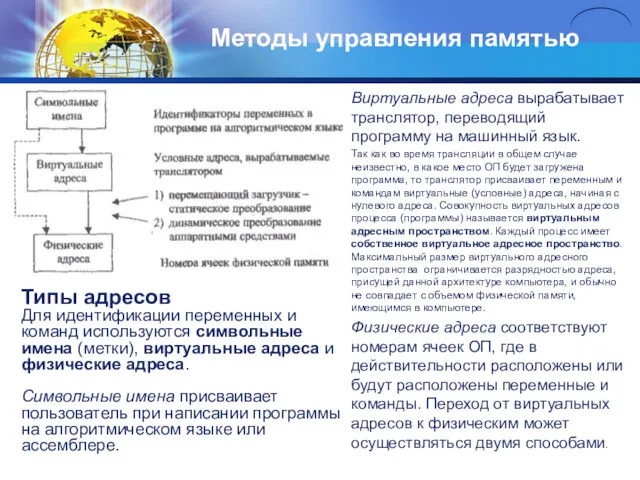 Методы управления памятью Виртуальные адреса вырабатывает транслятор, переводящий программу на машинный язык. Так