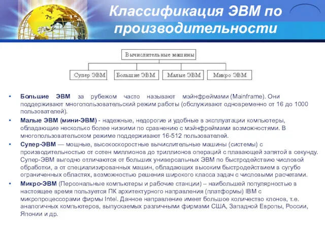 Классификация ЭВМ по производительности Большие ЭВМ за рубежом часто называют мэйнфреймами (Mainframe). Они