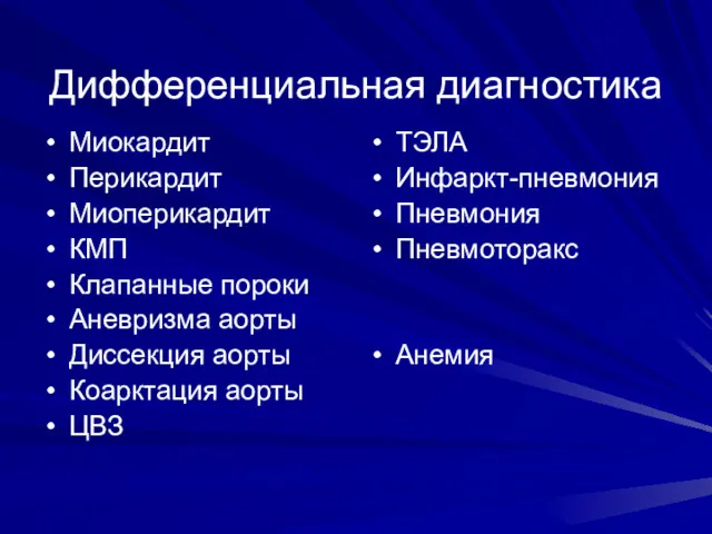 Дифференциальная диагностика Миокардит Перикардит Миоперикардит КМП Клапанные пороки Аневризма аорты Диссекция аорты Коарктация