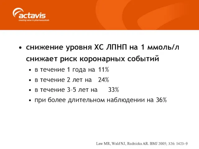 снижение уровня ХС ЛПНП на 1 ммоль/л снижает риск коронарных событий в течение