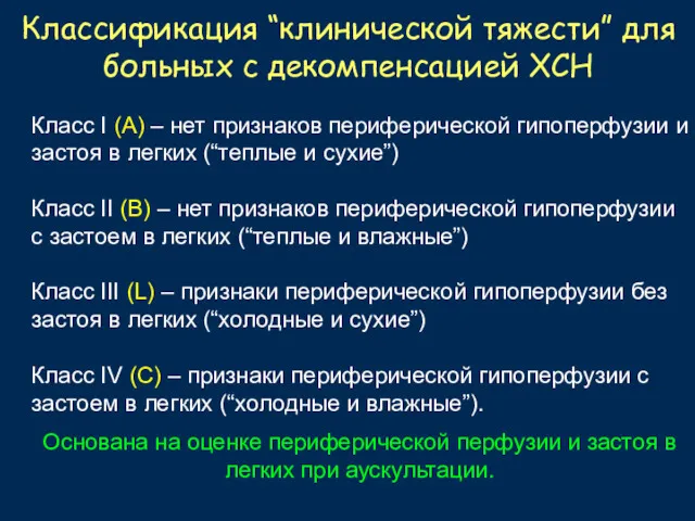 Классификация “клинической тяжести” для больных с декомпенсацией ХСН Класс I