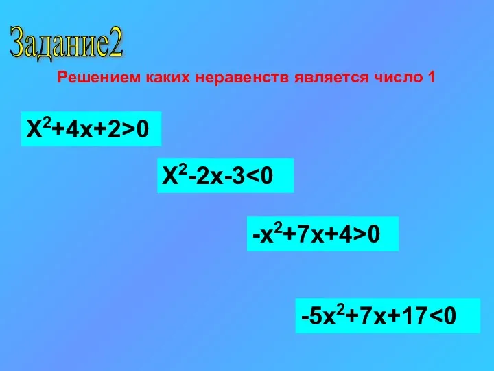 Задание2 Решением каких неравенств является число 1 X2+4x+2>0 X2-2x-3 -x2+7x+4>0 -5x2+7x+17