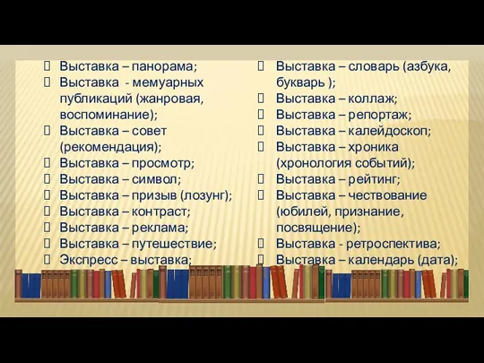 Выставка – панорама; Выставка - мемуарных публикаций (жанровая, воспоминание); Выставка