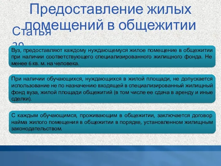 Предоставление жилых помещений в общежитии Статья 39