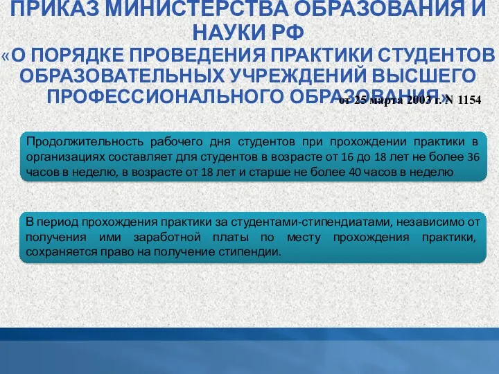 ПРИКАЗ МИНИСТЕРСТВА ОБРАЗОВАНИЯ И НАУКИ РФ «О ПОРЯДКЕ ПРОВЕДЕНИЯ ПРАКТИКИ