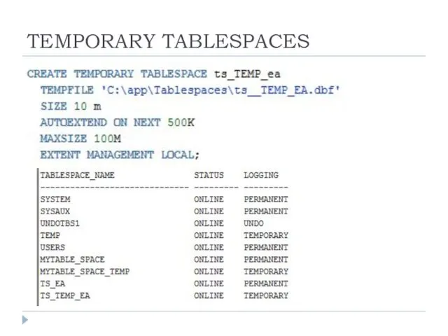 TEMPORARY TABLESPACES