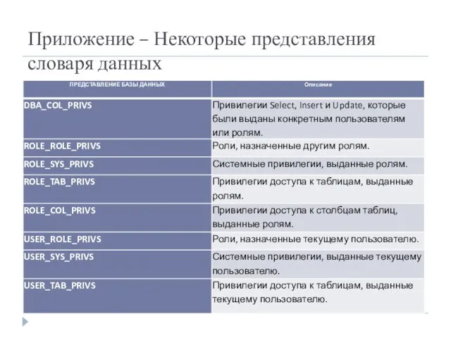 Приложение – Некоторые представления словаря данных