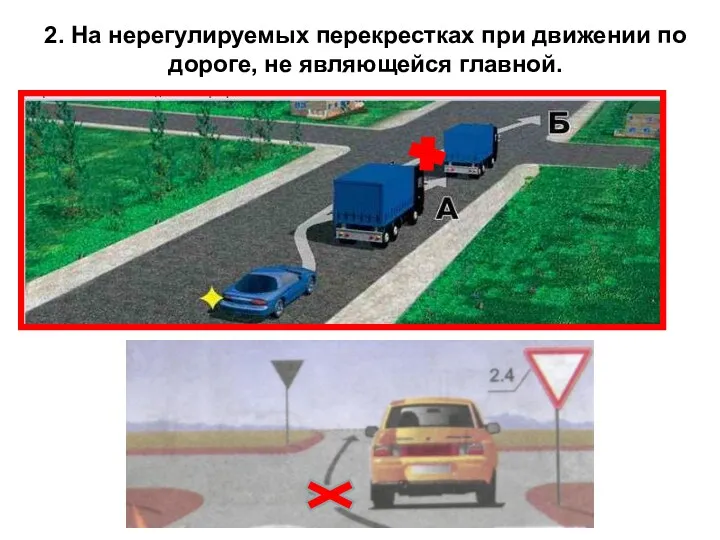 2. На нерегулируемых перекрестках при движении по дороге, не являющейся главной.