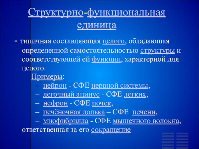 Структурно-функциональная единица - типичная составляющая целого, обладающая определенной самостоятельностью структуры