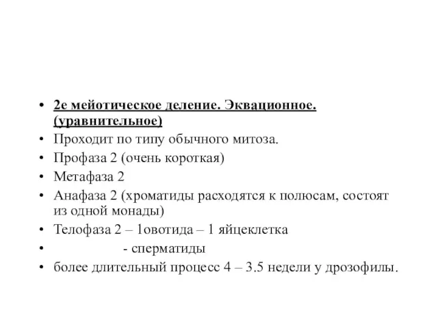 2е мейотическое деление. Эквационное. (уравнительное) Проходит по типу обычного митоза.