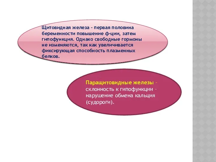 Щитовидная железа – первая половина беременности повышение ф-ции, затем гипофункция.