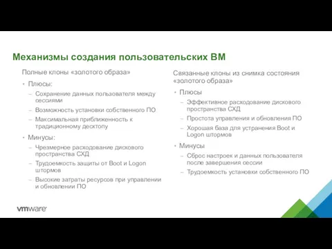 Механизмы создания пользовательских ВМ Полные клоны «золотого образа» Плюсы: Сохранение