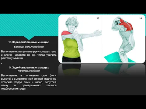 13.Задействованные мышцы: боковая дельтовидная Выполнение: выпрямите руку поперек тела и
