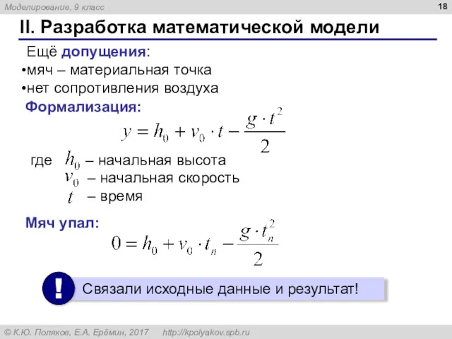 II. Разработка математической модели Формализация: Мяч упал: Ещё допущения: мяч – материальная точка нет сопротивления воздуха