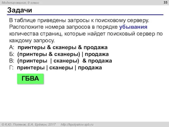 Задачи В таблице приведены запросы к поисковому серверу. Расположите номера