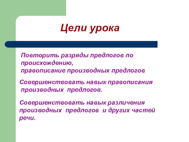 Повторить разряды предлогов по происхождению, правописание производных предлогов Совершенствовать навык