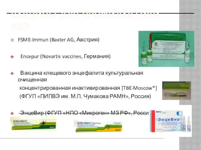 ВАКЦИНЫ ДЛЯ ПРОФИЛАКТИКИ КВЭ FSME-Immun (Baxter AG, Австрия) Encepur (Novartis