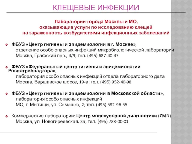 Лаборатории города Москвы и МО, оказывающие услуги по исследованию клещей