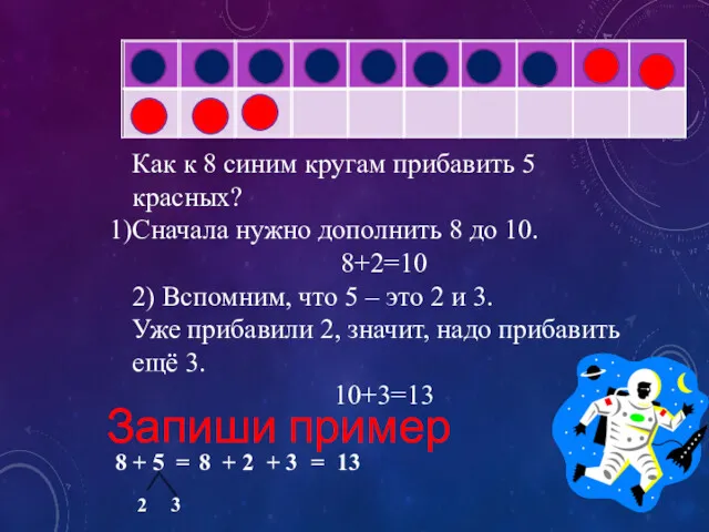 Как к 8 синим кругам прибавить 5 красных? Сначала нужно