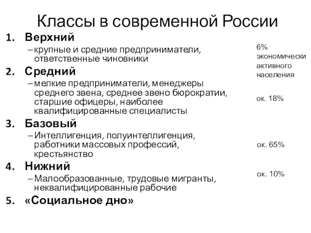 Классы в современной России Верхний крупные и средние предприниматели, ответственные