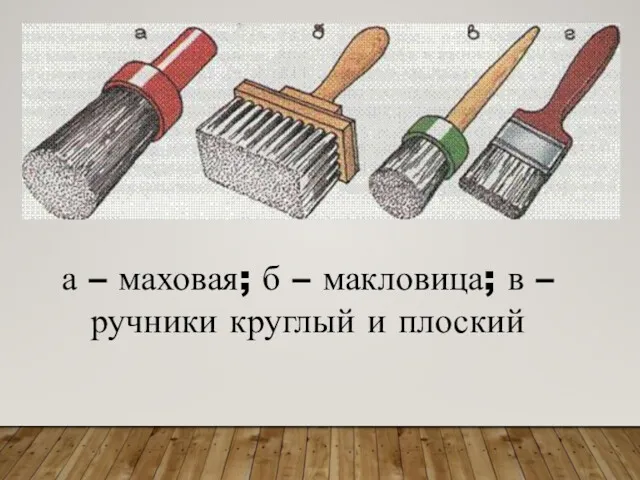 КИСТИ ДЛЯ МАЛЯРНЫХ РАБОТ а – маховая; б – макловица; в – ручники круглый и плоский