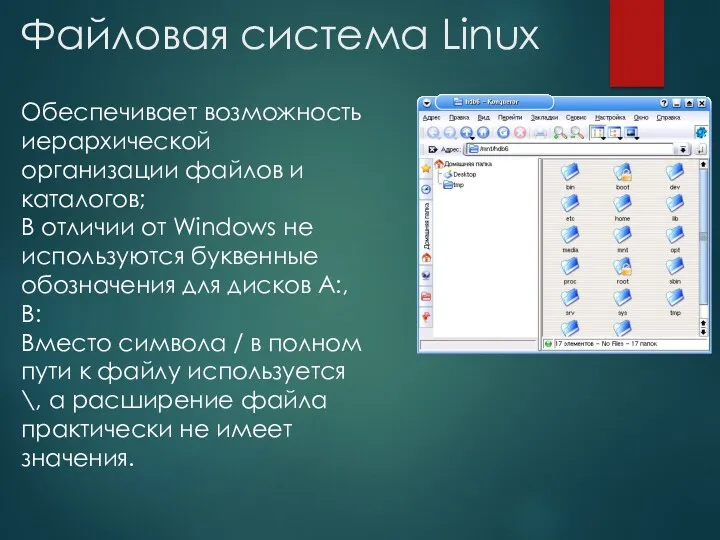 Обеспечивает возможность иерархической организации файлов и каталогов; В отличии от